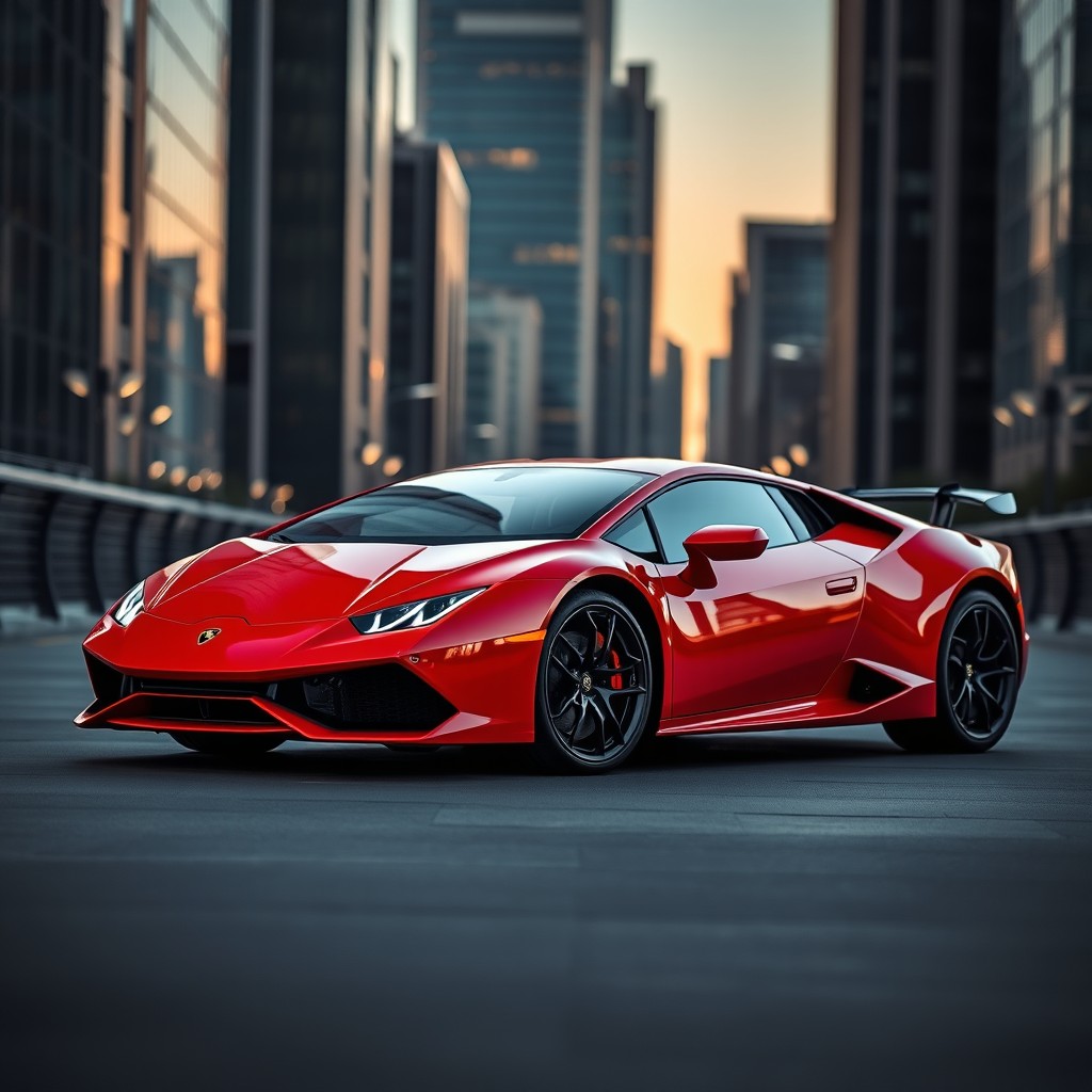 A stunning red Lamborghini Huracan parked in an urban setting, showcasing its sleek lines and aggressive design