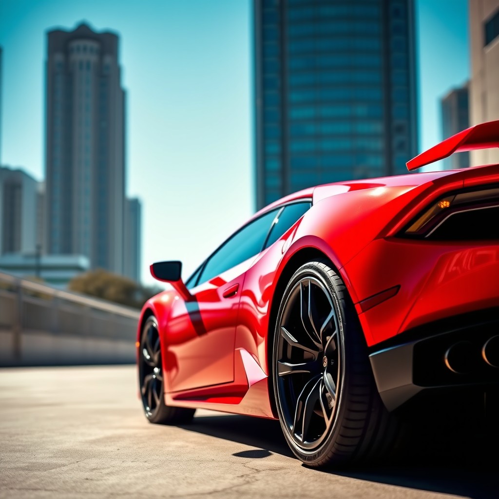 A stunning red Lamborghini Huracan parked elegantly in a sunlit urban environment