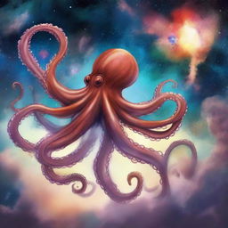 A drawing of An octopus fighting with a hearth flying in a nebula