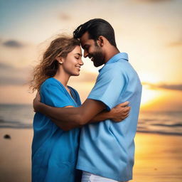 A young female nurse passionately hugging her lover, a man of average build dressed in a mundu and blue shirt, on a quiet seashore during a stunning sunset.