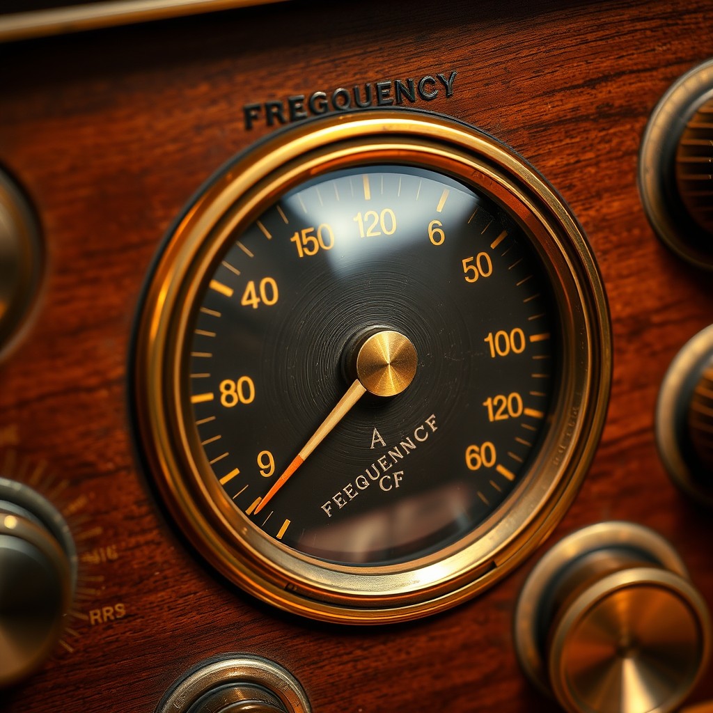 A close-up view of an analogue frequency dial on a vintage transceiver, featuring a beautifully aged design with classic typography and brass accents