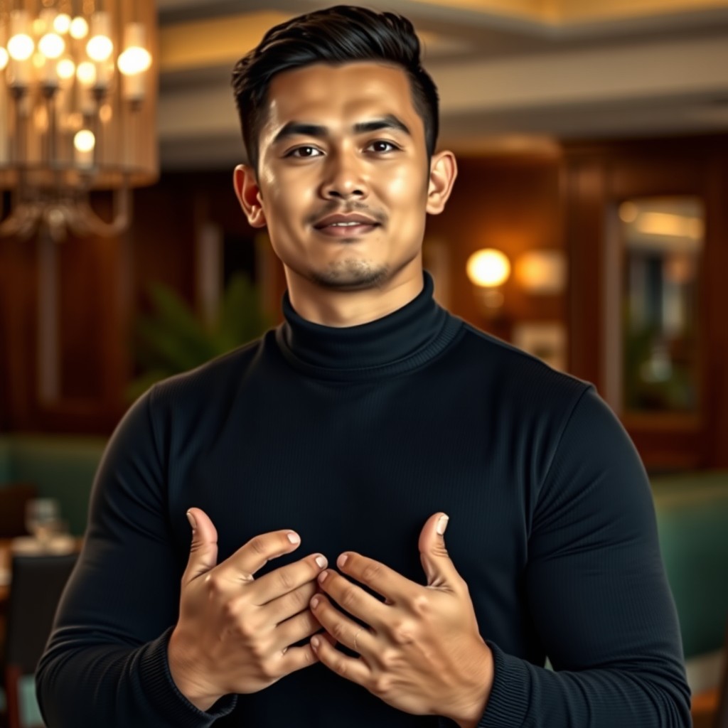 An Indonesian male waiter with soft features and a handsome appearance, wearing a form-fitting black pullover suit