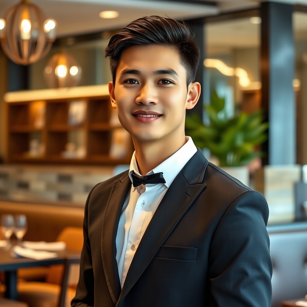 A handsome Indonesian male waiter, showcasing soft features, wearing a formal waiter's outfit