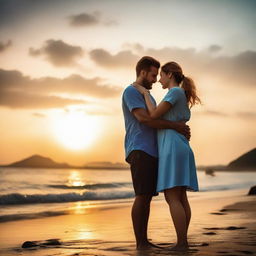 A young female nurse passionately hugging her lover, a man of average build dressed in a mundu and blue shirt, on a quiet seashore during a stunning sunset.