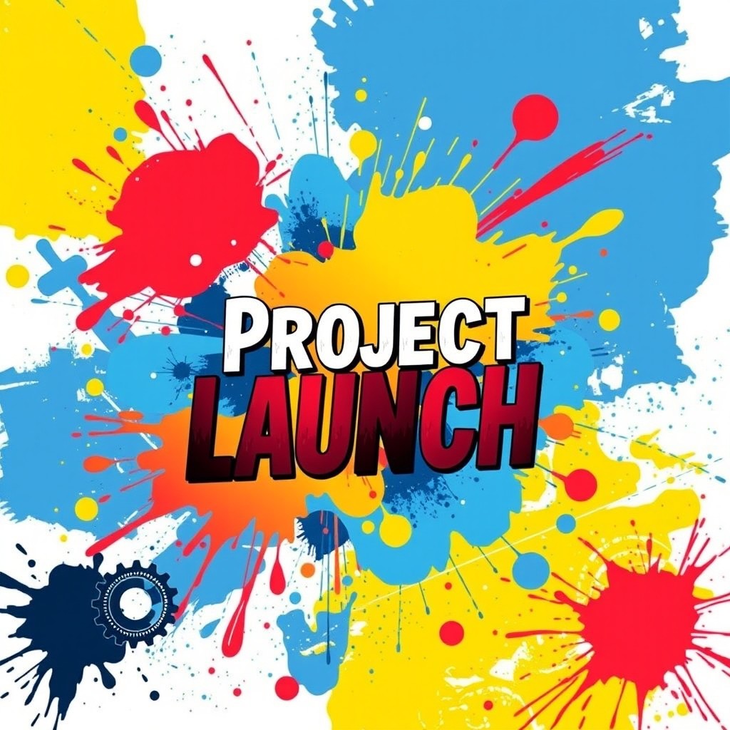 A vibrant and eye-catching design for a t-shirt that showcases a creative project theme, featuring a blend of artistic elements such as colorful abstract shapes, paint splatters, and a prominent text that reads 'Project Launch' in a stylish, modern font
