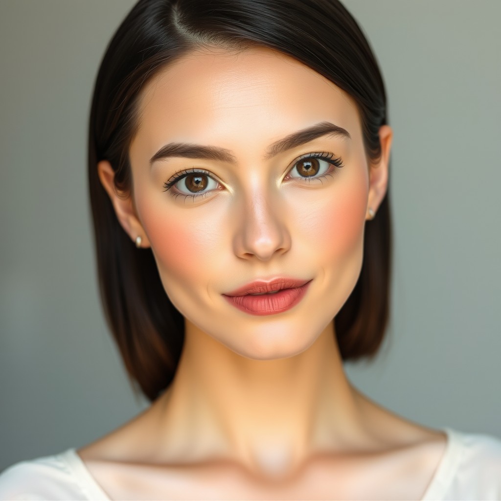 A portrait of a pretty lady with fair white skin and a soft oval-shaped face that displays smooth contours and balanced proportions, creating a harmonious and elegant appearance