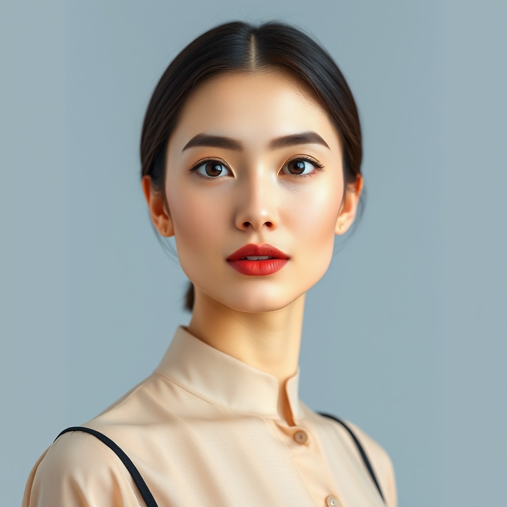 A full-body portrait of a pretty lady with fair white skin and a soft oval-shaped face that displays smooth contours and balanced proportions, giving her a harmonious and elegant appearance