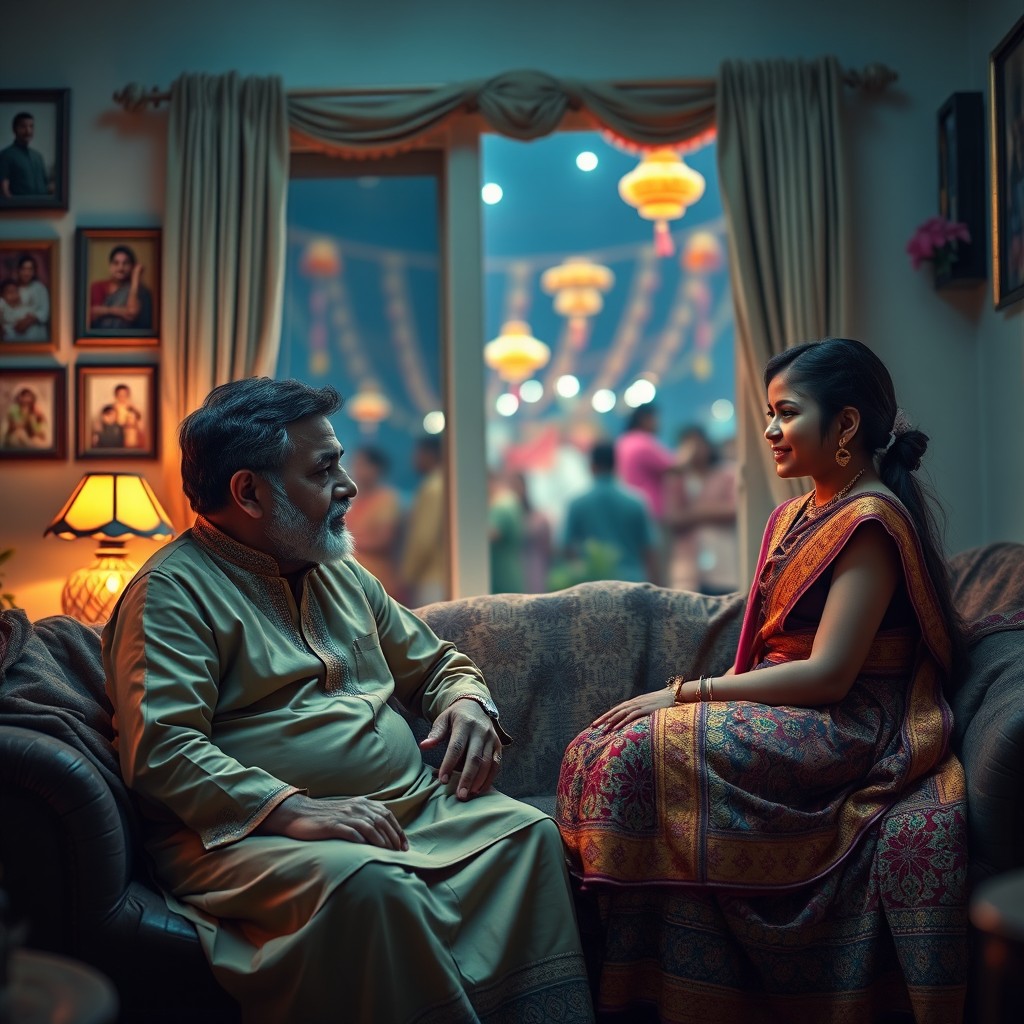 A dramatic and artistic portrayal of an Indian father having a heartfelt conversation with his daughter, seated in a cozy living room