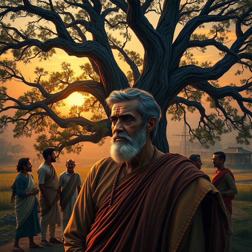 A dramatic and emotional scene depicting an Indian father in traditional attire, looking thoughtful and contemplative, standing under a grand old tree in a picturesque village setting