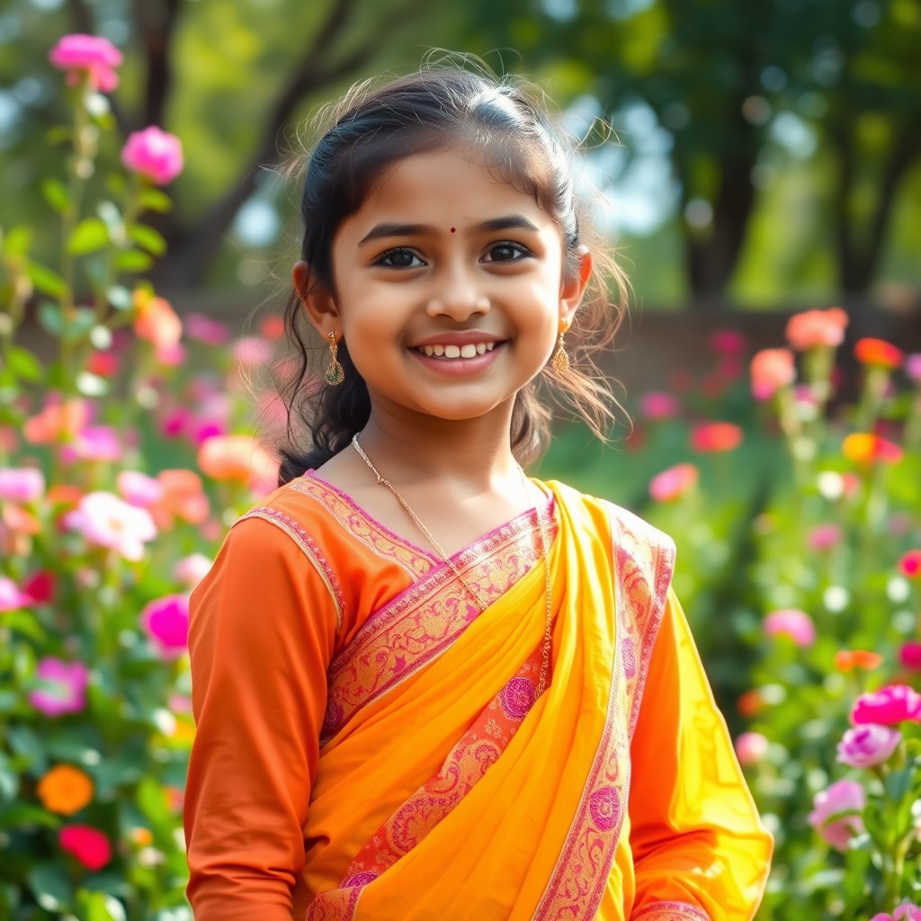 A vibrant portrait of a young Indian girl with a warm smile, wearing traditional colorful attire, such as a bright lehenga or kurta