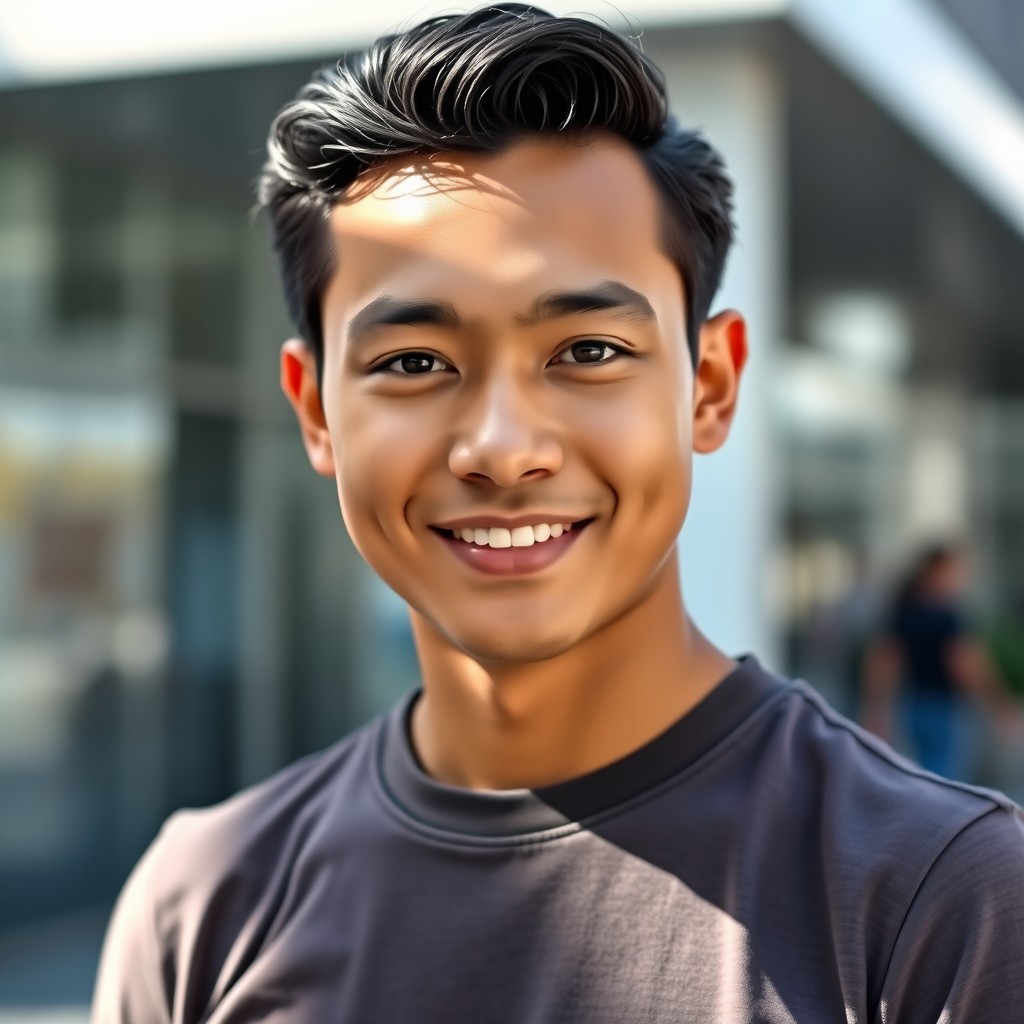 A handsome 24-year-old Indonesian man with a square-shaped face