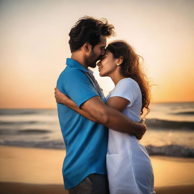 A young female nurse passionately hugging her lover, a man of average build dressed in a mundu and blue shirt, on a quiet seashore during a stunning sunset.