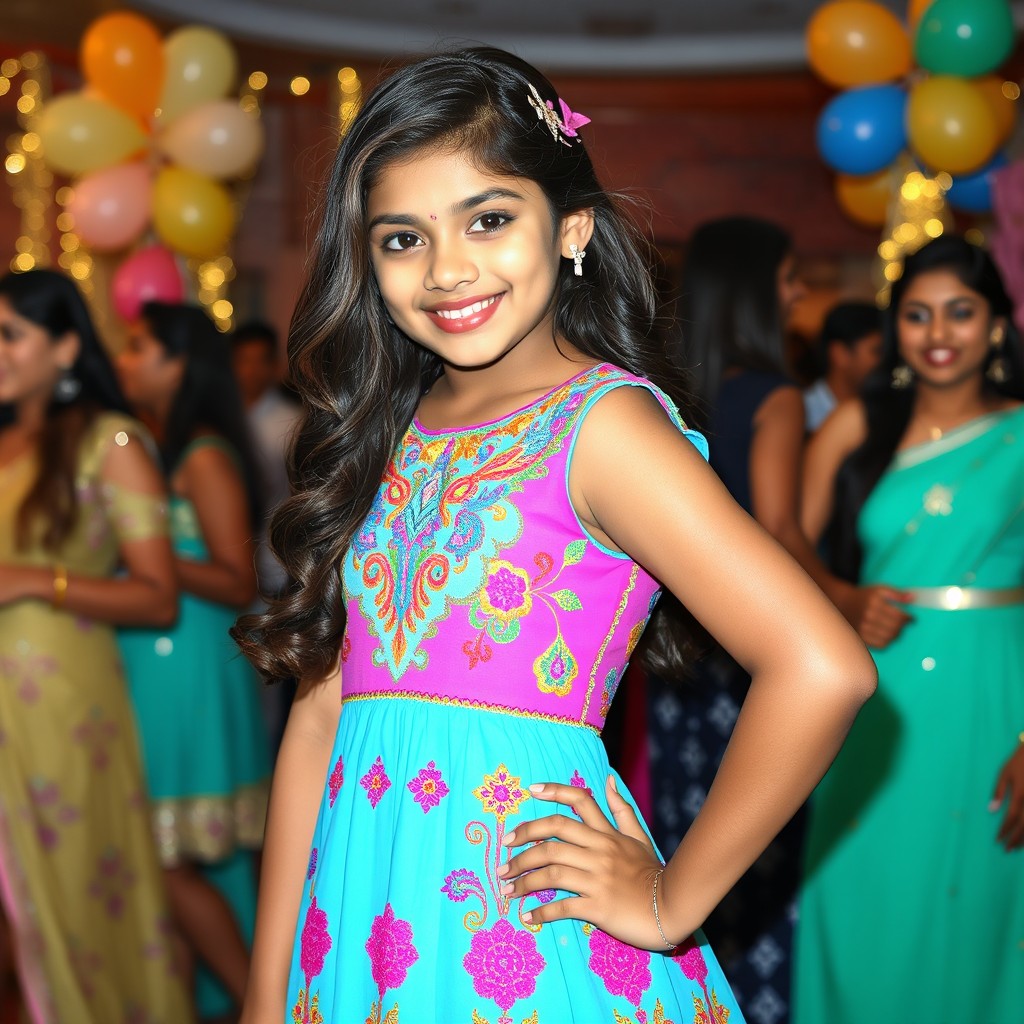 A stylish 16-year-old Indian girl wearing a vibrant party dress, featuring intricate embroidery and colorful patterns