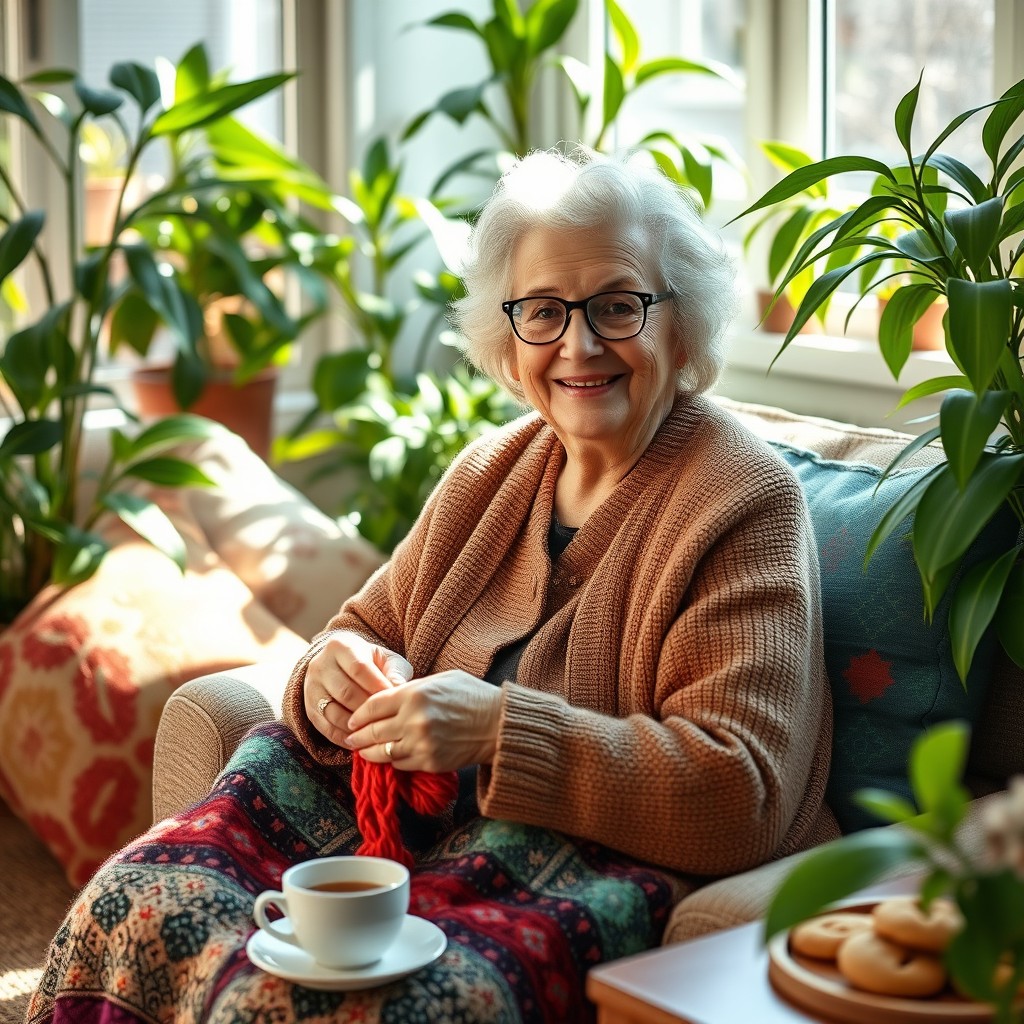 A cheerful elderly woman, affectionately known as 'Granny,' sitting in a cozy living room filled with lush plants and colorful throw pillows