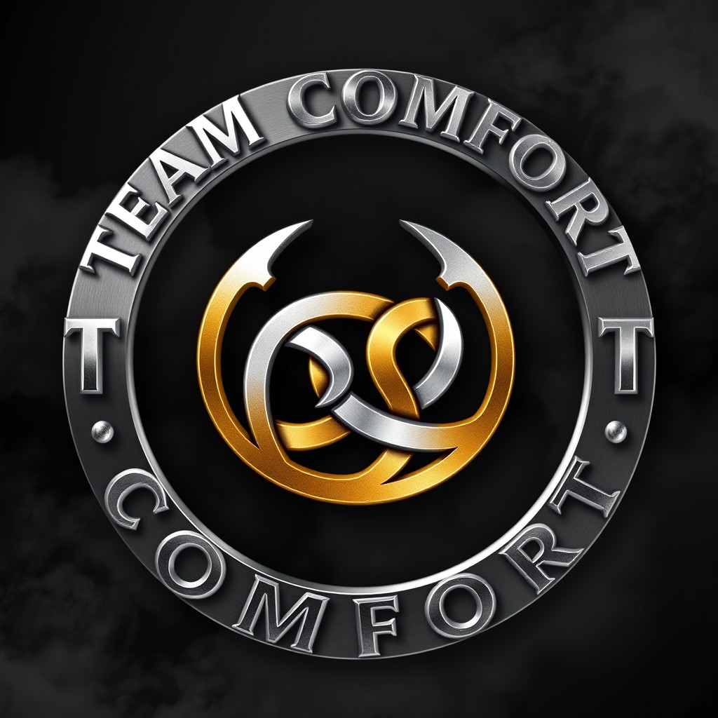 A 3D metallic silver circle logo featuring the tribal font name 'TEAM COMFORT' prominently displayed around the edge