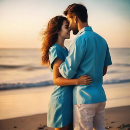 A young female nurse passionately hugging her lover, a man of average build dressed in a mundu and blue shirt, on a quiet seashore during a stunning sunset.