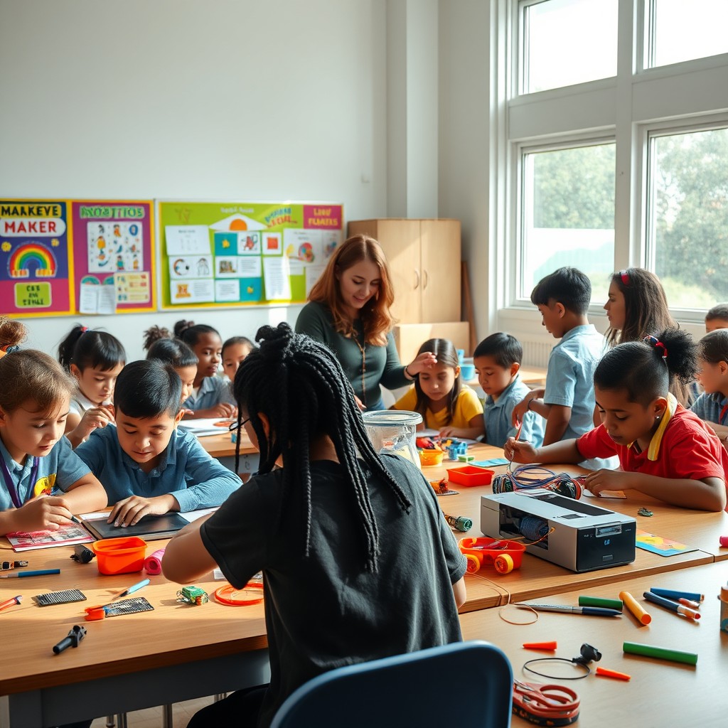 A vibrant classroom scene showcasing innovative teaching methods in a Brazilian public school