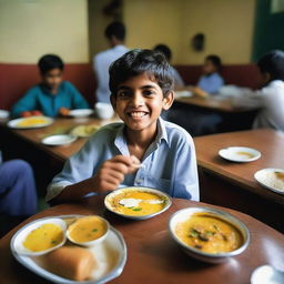 A young Pakistani boy in a bustling hostel dining room, cheerfully enjoying a breakfast spread of traditional and continental foods, signaling the start of a new day.