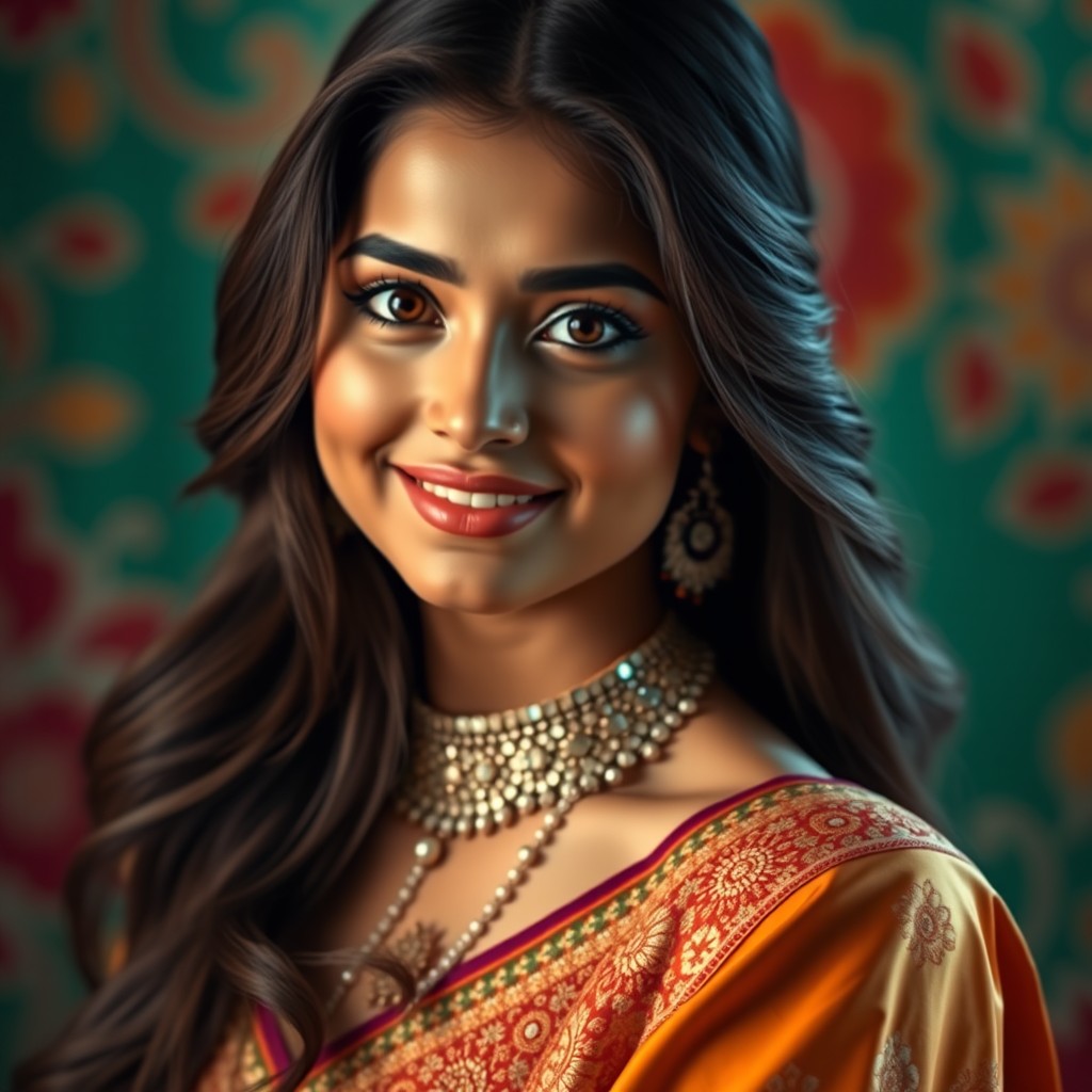A stunning and attractive desi girl with deep, soulful eyes, wearing elegant traditional attire