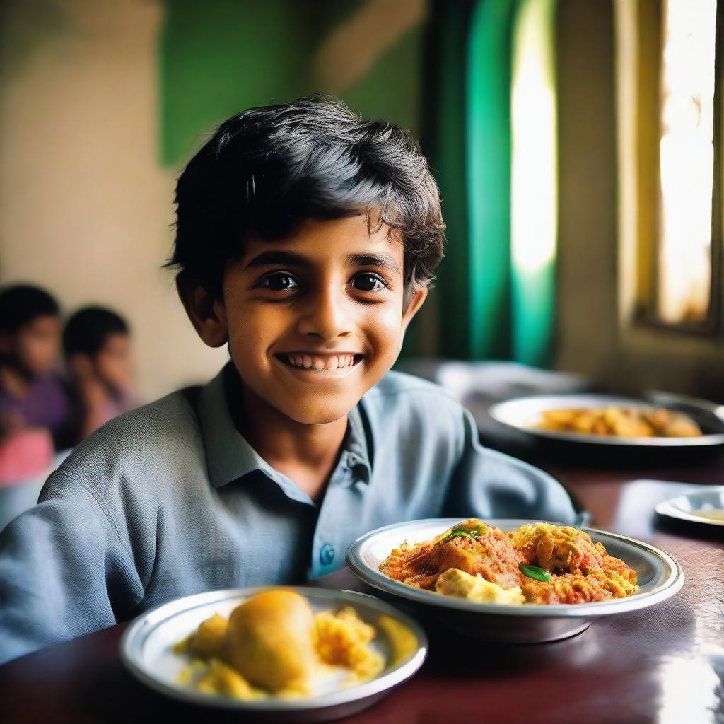 A young Pakistani boy in a bustling hostel dining room, cheerfully enjoying a breakfast spread of traditional and continental foods, signaling the start of a new day.