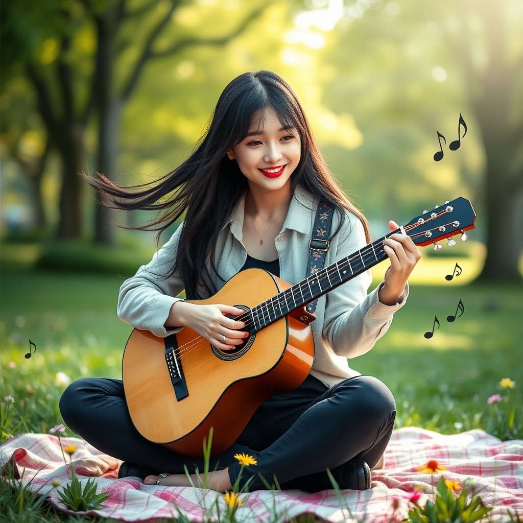 A captivating scene of a beautiful Korean girl playing an acoustic guitar