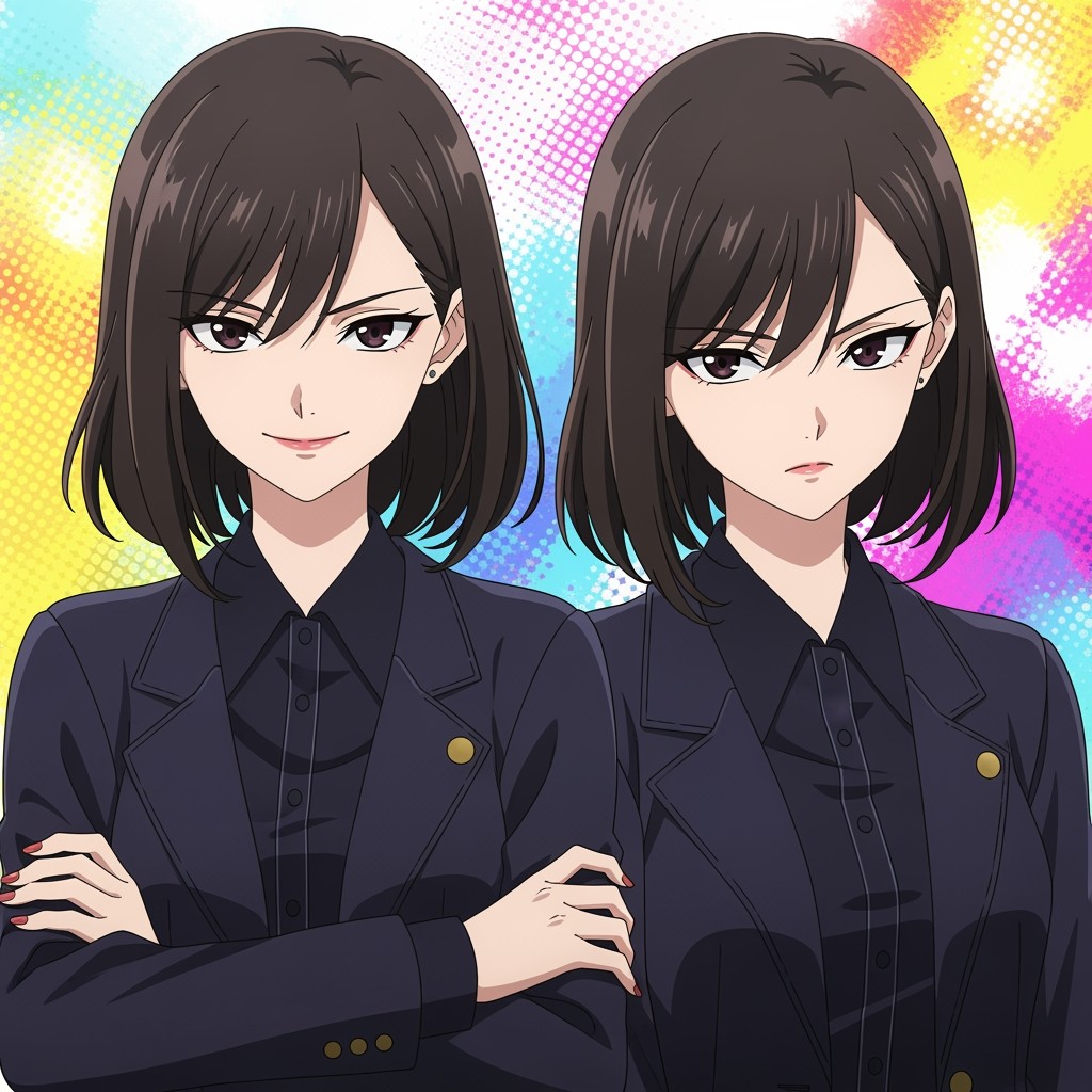 Two female twin characters standing together, highlighting their unique differences