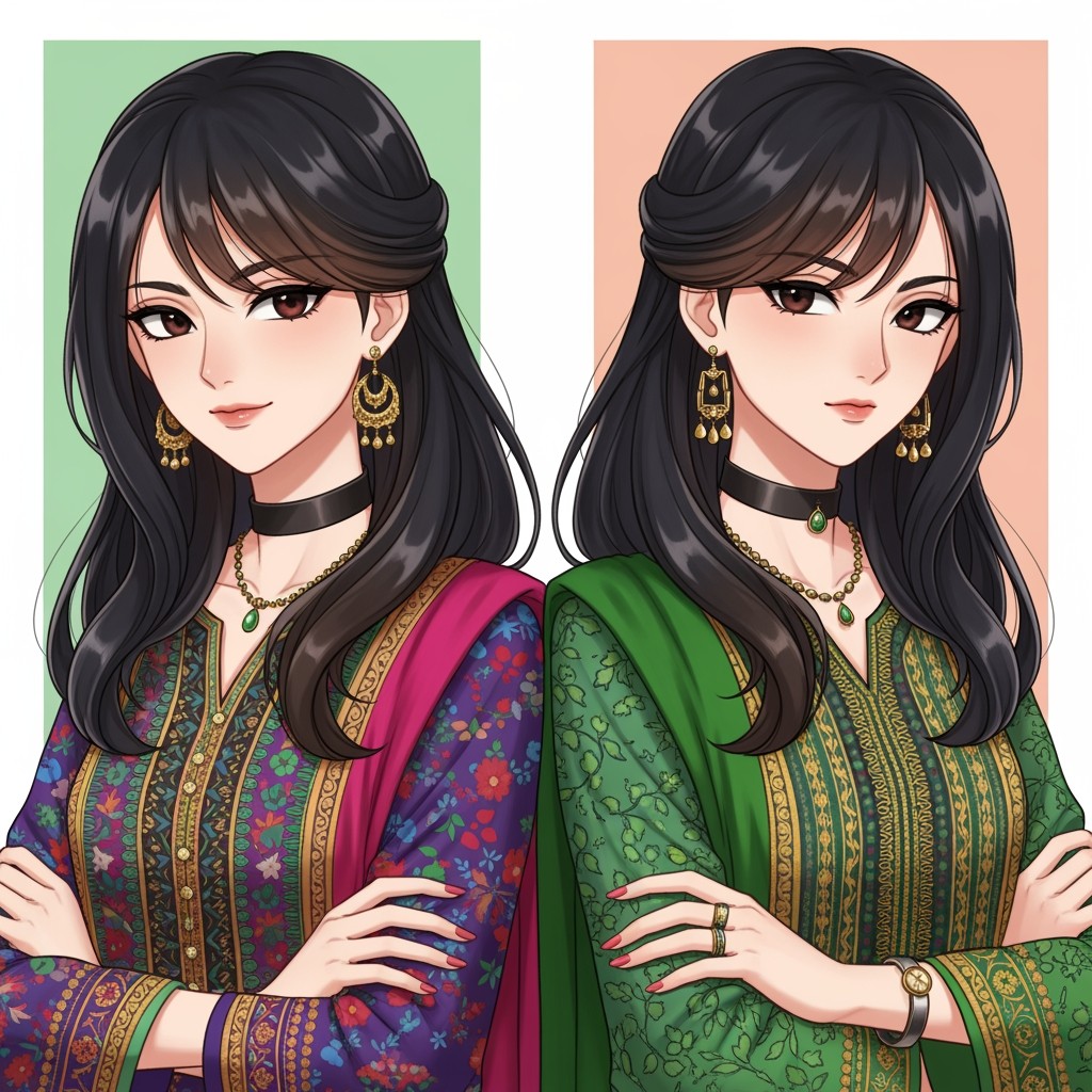 Two female twin characters standing together in full-body anime art, embodying Pakistani grace and dignity