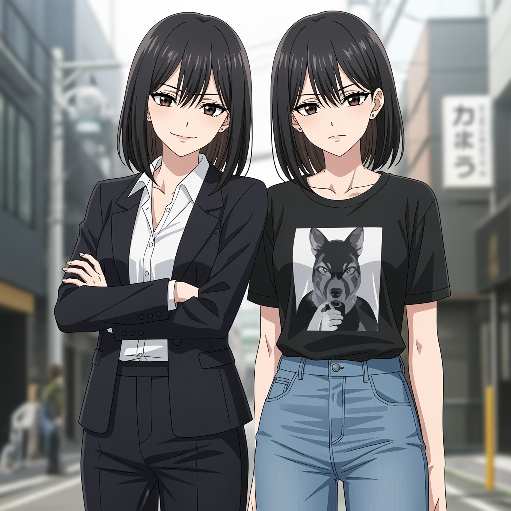 Two female twin characters standing together in full-body anime art