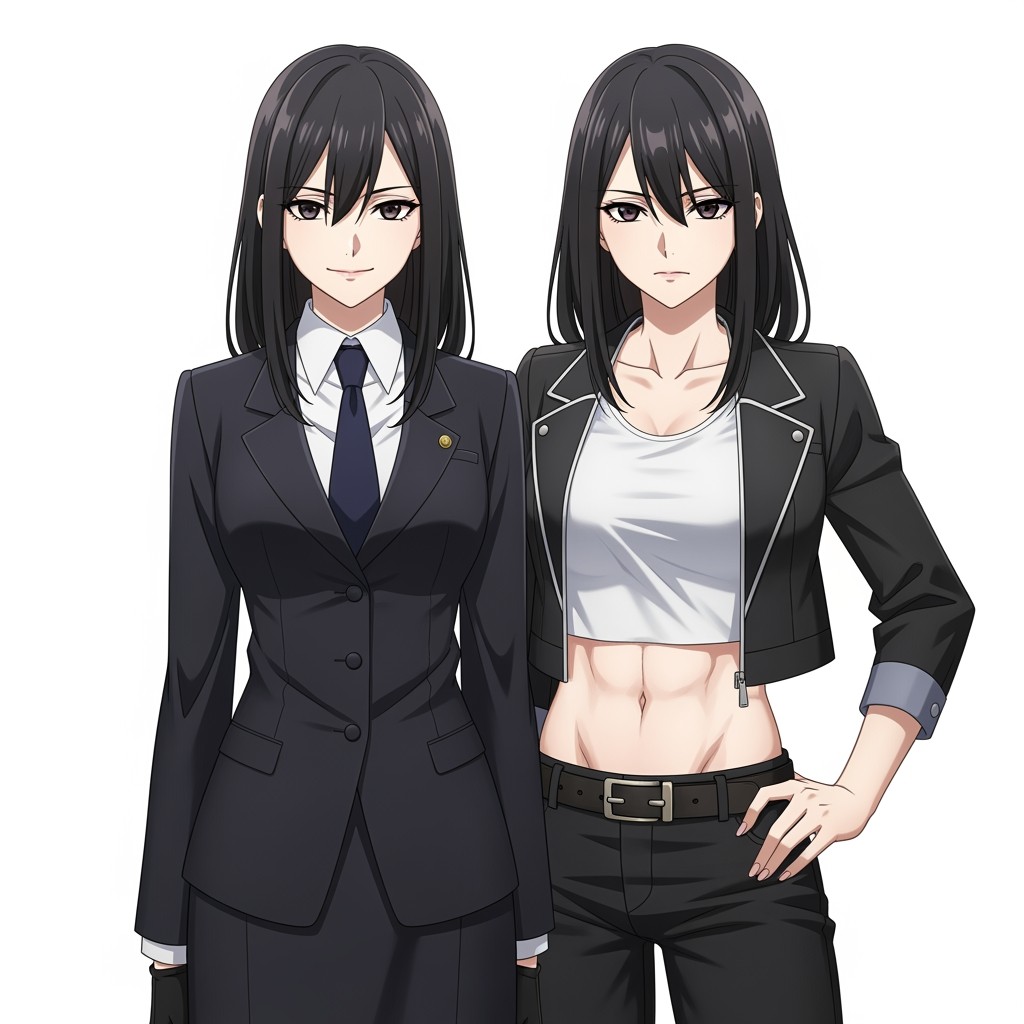 Two female twin characters standing together, featuring distinct jawlines with one twin being 0