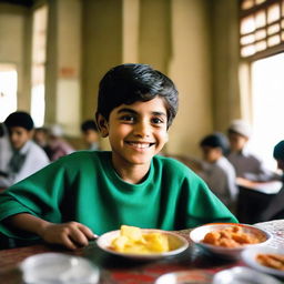 A young Pakistani boy in a bustling hostel dining room, cheerfully enjoying a breakfast spread of traditional and continental foods, signaling the start of a new day.