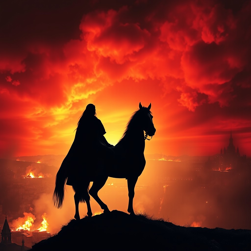 Against a backdrop of a fiery red sky, a silhouette of a woman in dark robes sits upon a majestic horse, perched on a hill