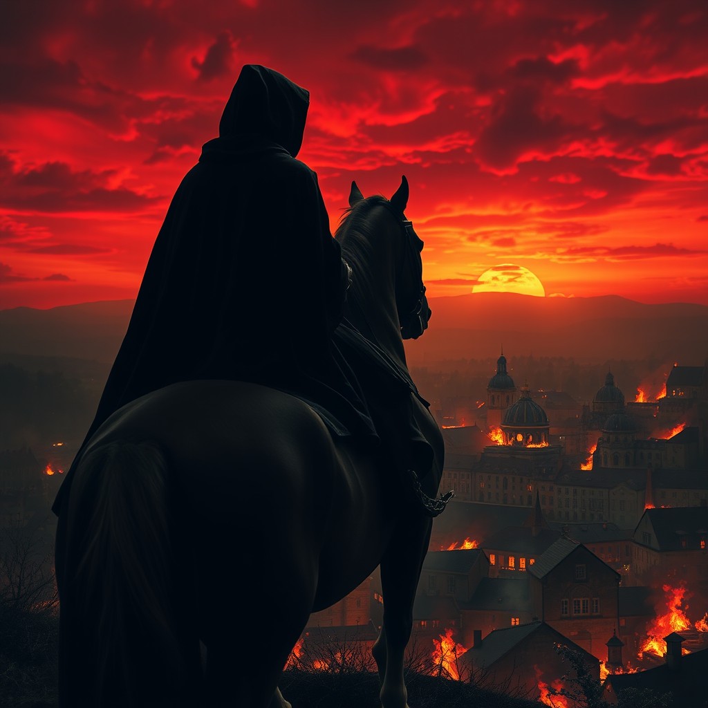 Against a backdrop of a fiery red sky, the silhouette of a woman in a dark hooded cloak sits upon a noble horse