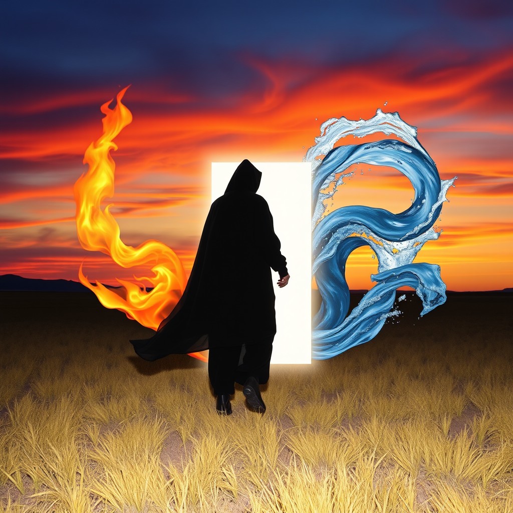 In an open, clear field at sunset, a silhouette cloaked in dark garments steps into a shimmering portal