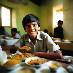 A young Pakistani boy in a bustling hostel dining room, cheerfully enjoying a breakfast spread of traditional and continental foods, signaling the start of a new day.