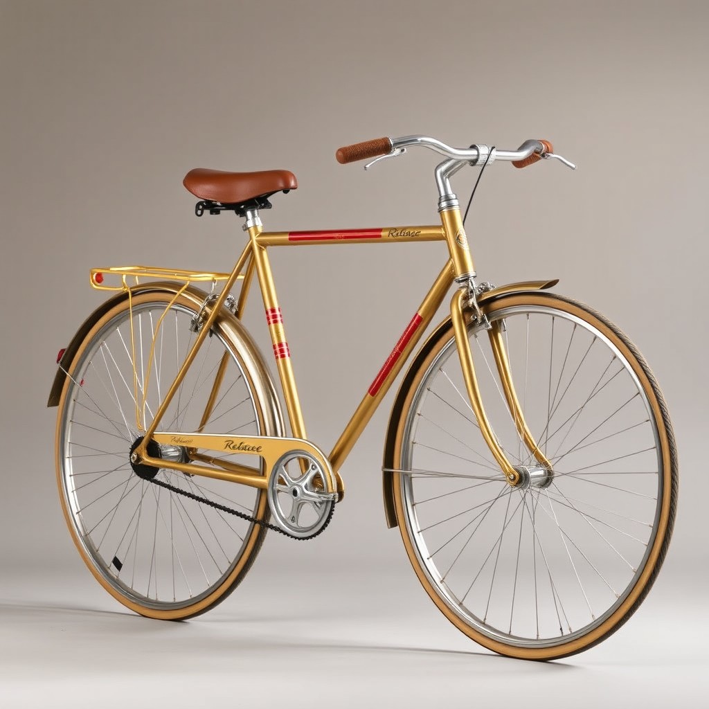 A vintage Raleigh bicycle, beautifully detailed in an elegant gold color with striking red streak lines on the frames and mudguard