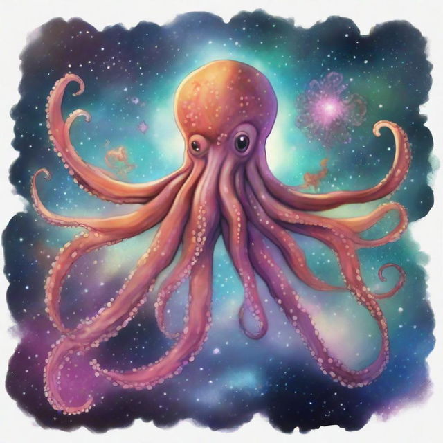 A drawing of An octopus with a hearth flying in a nebula