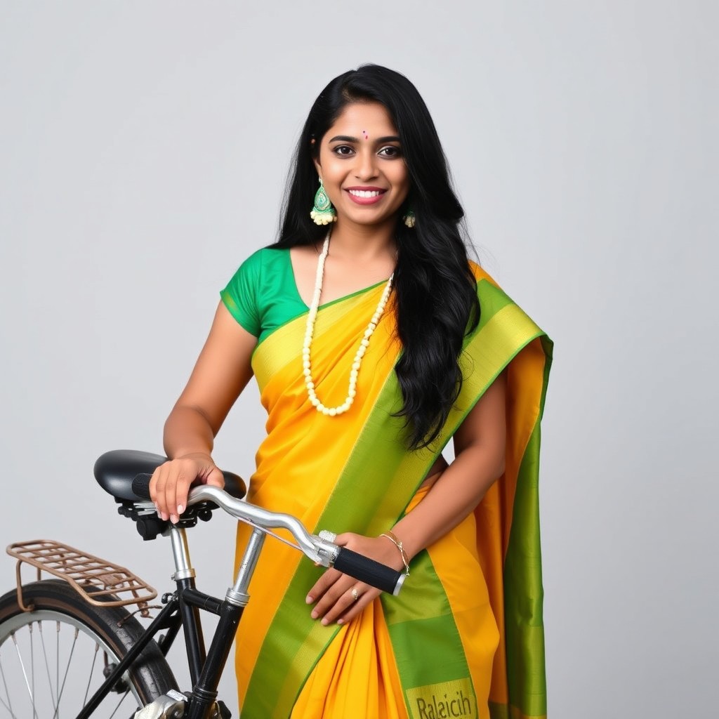 A South Indian lass wearing a beautiful half saree, standing next to a vintage Raleigh bicycle