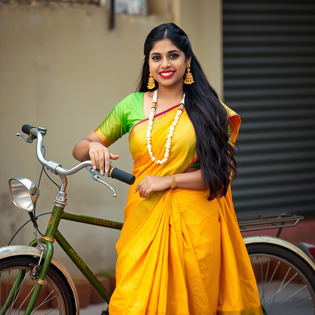 A full image of a South Indian lass wearing a stunning half saree, positioned next to a vintage Raleigh bicycle