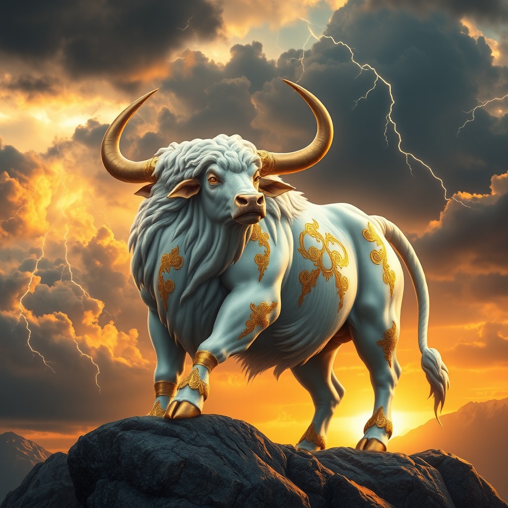 A majestic depiction of Zeus as a powerful bull, embodying strength and divinity