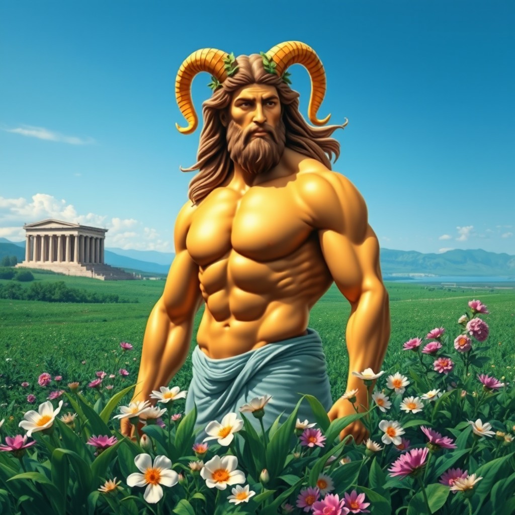 A stunning portrayal of Taurus as a Greek god, representing strength and fertility