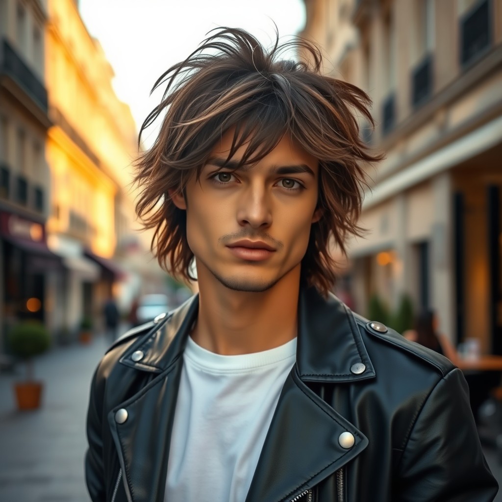 A charismatic French individual with an effortlessly cool demeanor, showcasing a stylish and confident expression