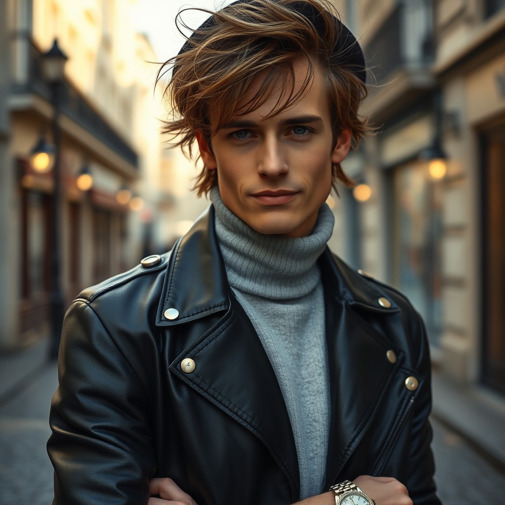 A striking portrait of a stylish French individual, embodying the essence of 'cool' with an effortless charm