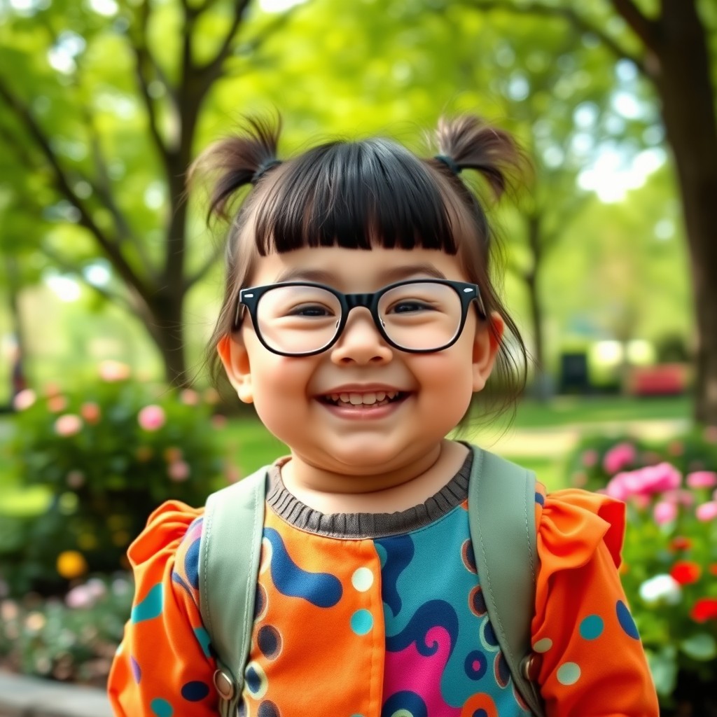 A cheerful chubby girl with stylish bangs and trendy glasses, smiling brightly