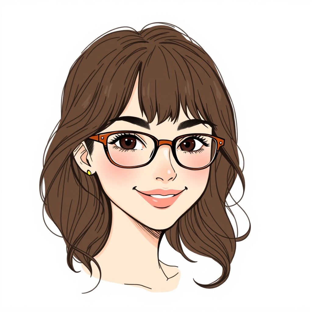 A sketch illustration of a young woman with glasses, showcasing rich dark brown wavy hair and stylish bangs