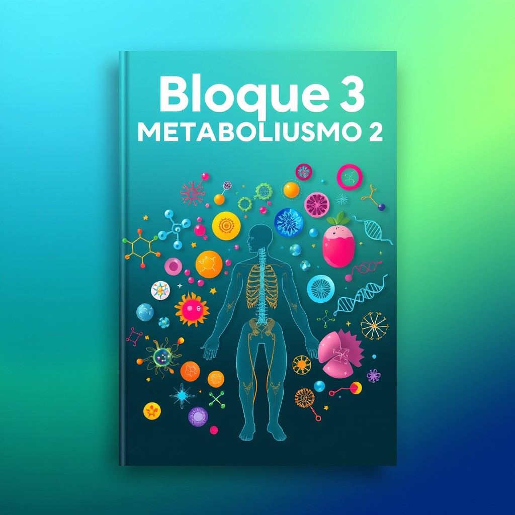 Cover design for "Bloque 3 - Metabolismo 2" featuring an artistic representation of metabolic processes in the human body