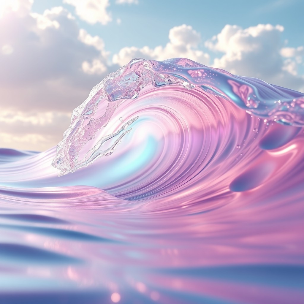 An ultra-detailed abstract ocean wave crafted from iridescent liquid glass in pastel pink, cyan, and violet colors