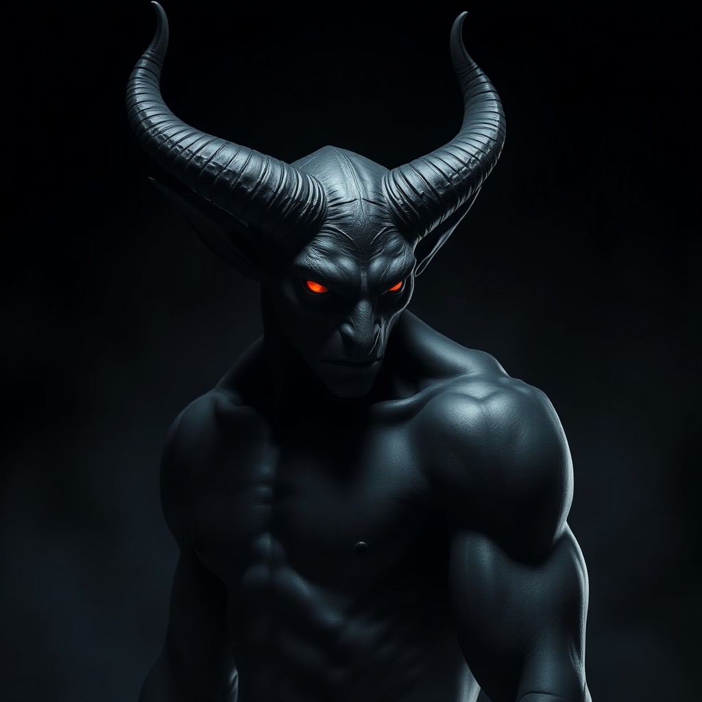 A realistic black demon figure with smooth, dark skin and glowing red eyes, standing at a slight angle as if whispering into the ear of an invisible person