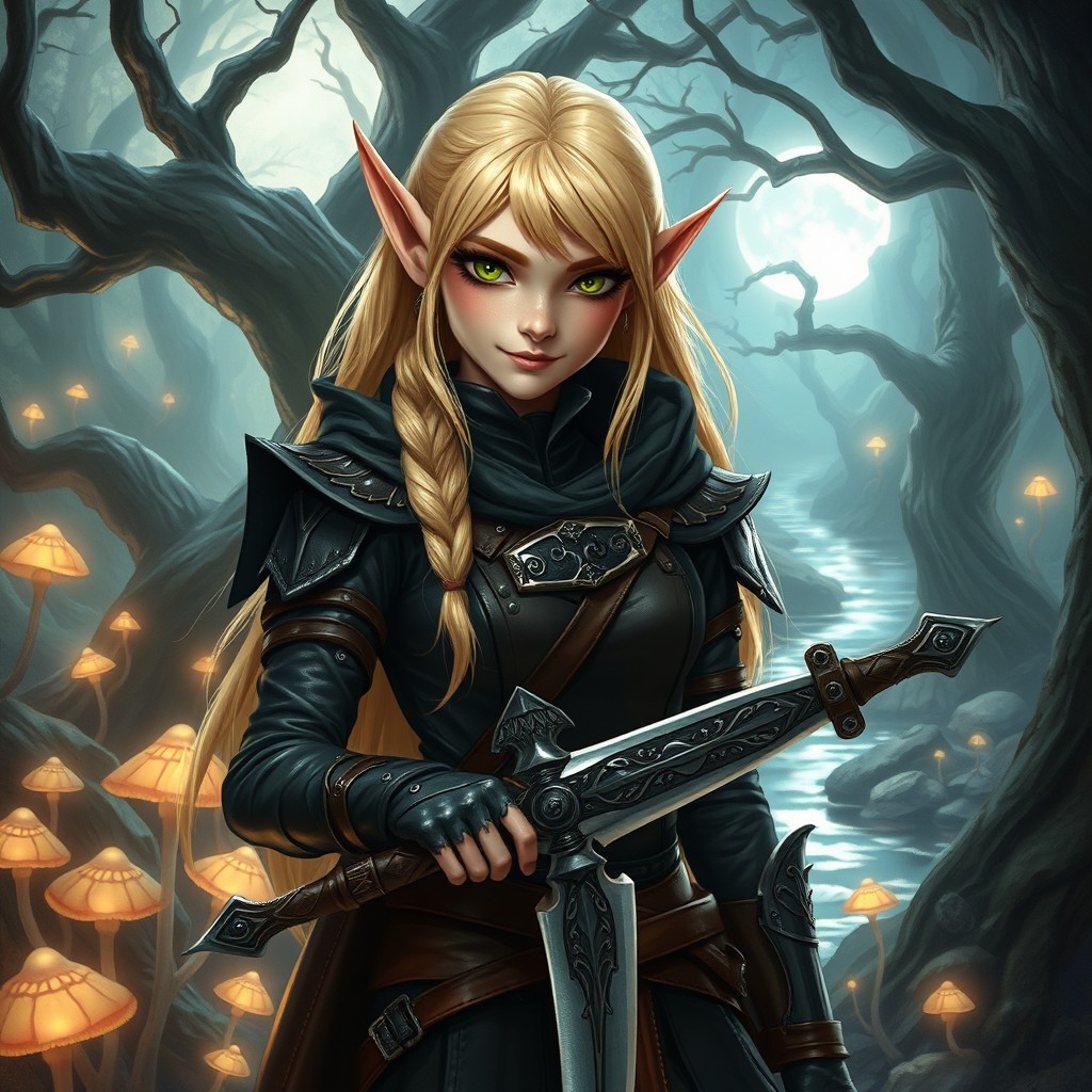 A cunning blonde elf with a sly smile, dressed in dark leather armor, standing in a mystical forest