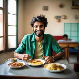 A charismatic young Pakistani man seated in a lively hostel dining area, partaking in a hearty breakfast with a mix of local and international dishes, ready to start his day.