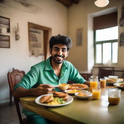 A charismatic young Pakistani man seated in a lively hostel dining area, partaking in a hearty breakfast with a mix of local and international dishes, ready to start his day.